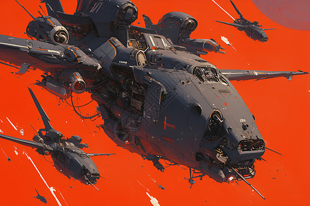 红色引擎灰色直升机飞过红色天空插画