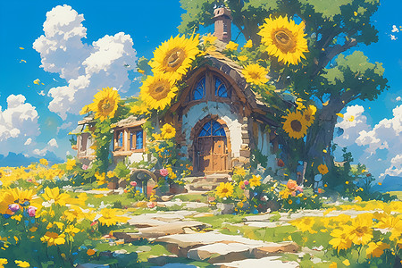 阳光下的菊花阳光下的花园小屋插画