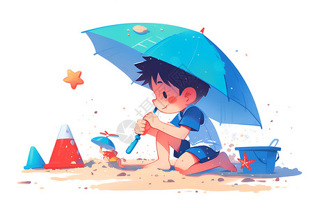 在沙子里在沙滩上玩耍的男孩插画
