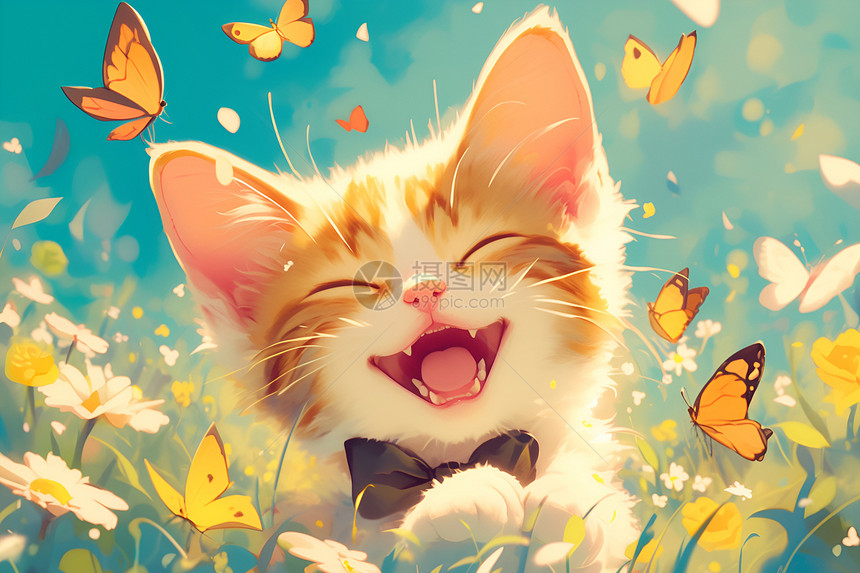 微笑猫咪与蝴蝶图片