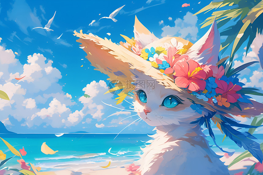海滩上戴花帽的小猫图片