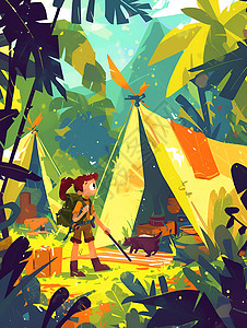 野营地帐篷旁的一人插画