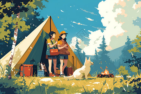 野营地帐篷旁的人插画