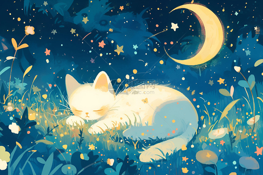 草丛中睡觉的白猫图片