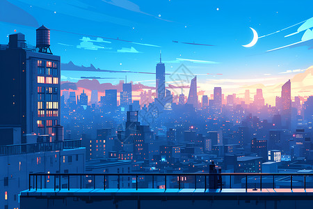 城市房顶夜幕下的城市插画