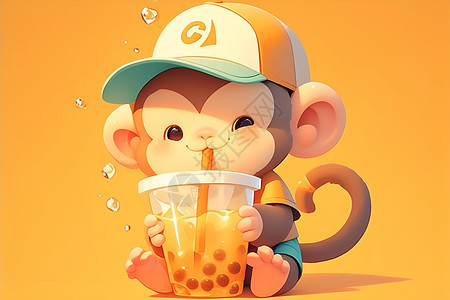 可爱卡通猴子用吸管啜饮珍珠奶茶高清图片
