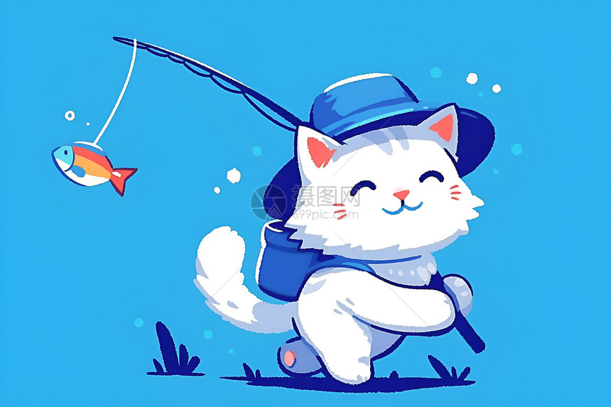白猫钓鱼的可爱插画图片