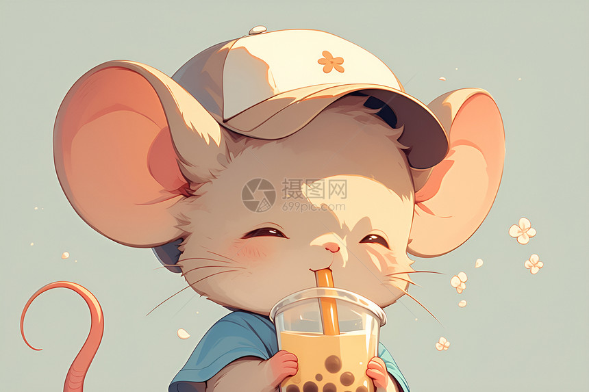 小老鼠戴着棒球帽喝着奶茶图片