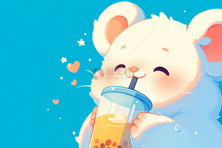 可爱的小鼠儿喝奶茶图片