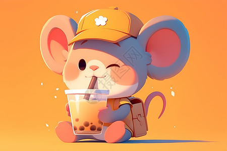 小老鼠角色享受着奶茶高清图片