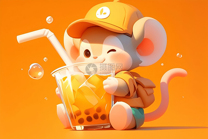 小胖老鼠在欢快的喝奶茶图片