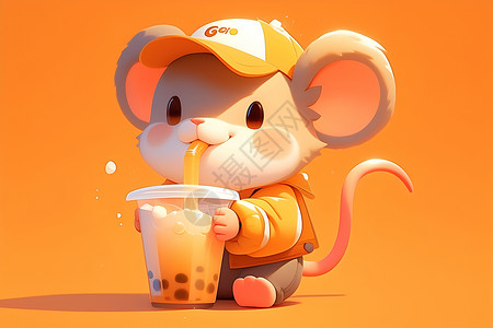 饮料茶卡通小老鼠喝奶茶插画