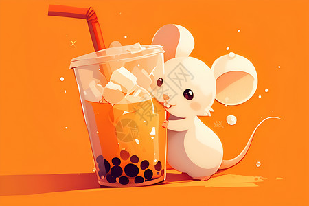 小老鼠卡通插画一只可爱的小老鼠喝着珍珠奶茶插画