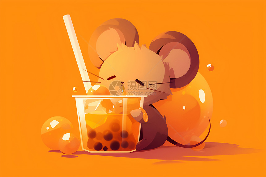 可爱卡通小老鼠在喝奶茶图片