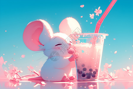 小老鼠偷油萌萌的小老鼠品尝珍珠奶茶插画