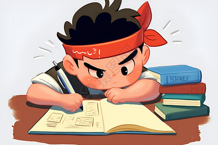 备考男孩少年专注地坐在书桌前读书插画