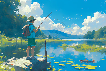 正在钓鱼的男孩背景图片