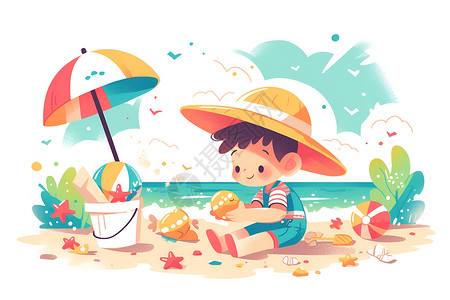 沙滩上的沙滩上玩耍的小男孩插画