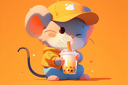 吃西瓜老鼠喝奶茶的小老鼠插画