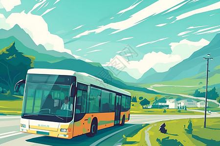 公路沿途美景公路上行驶的公交车插画