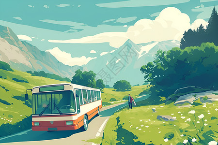 山林间驶过的巴士插画