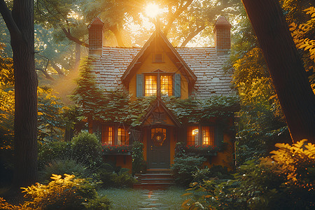阳光穿过树叶 洒在小屋上背景图片