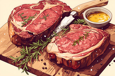 木盘上白合干木盘上的肉和迷迭香插画