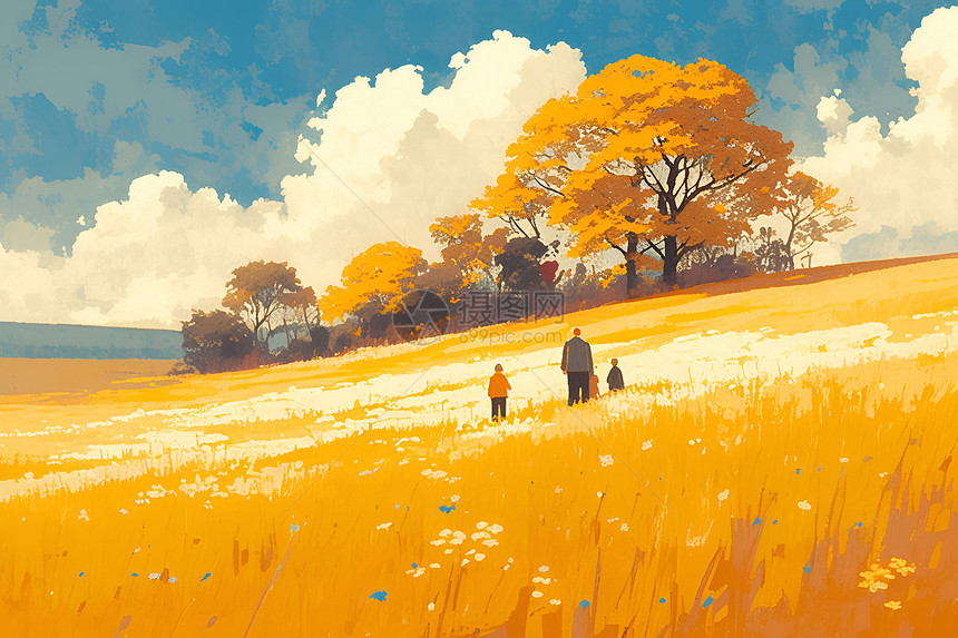 家人漫步黄花丛中图片