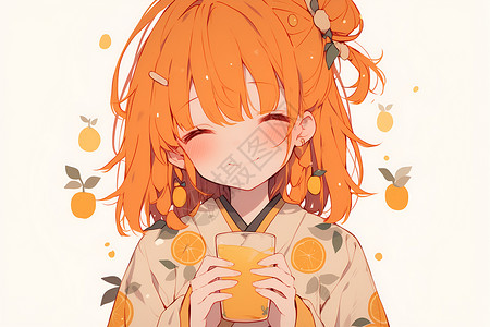 拿着橙子的女孩女孩欢快地拿着果汁插画