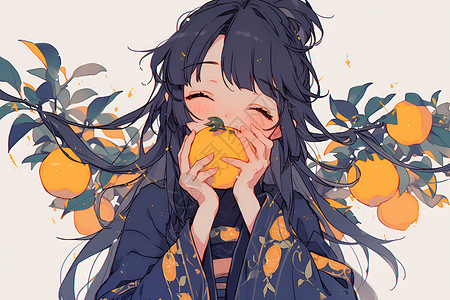 树叶地女孩愉悦地吃着橘子插画