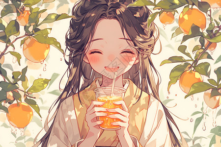 甜橙子甜美的女子喝着果汁插画
