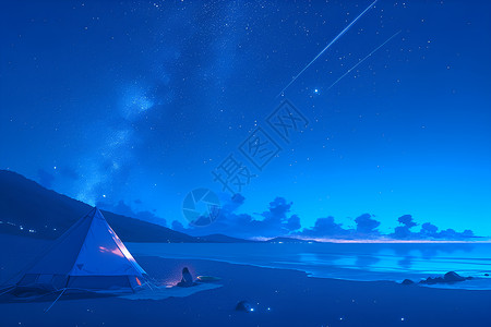星空海滩夜晚海滩上的帐篷插画