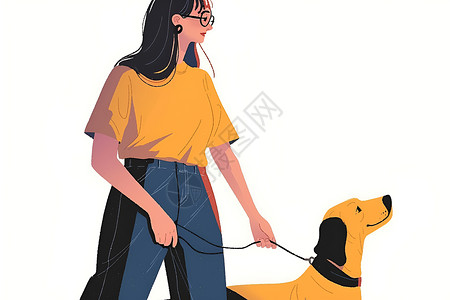 牵着狗的女孩女孩牵着小狗散步插画