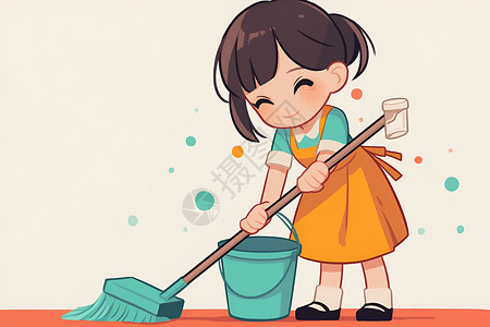 清洁少女可爱的卡通女孩打扫卫生背景图片