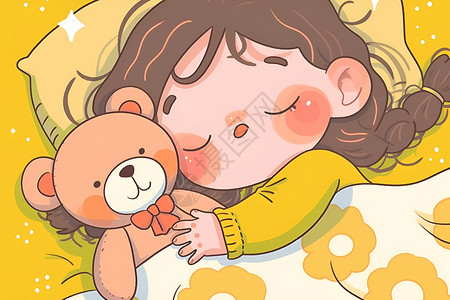 小女孩与小熊一同入梦插画