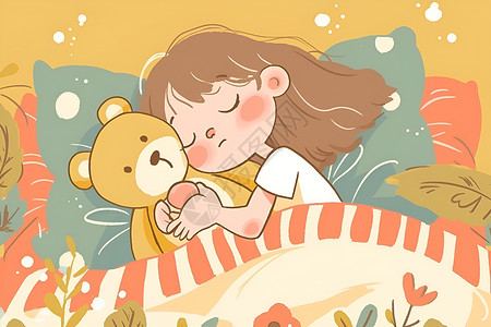 卡通泰迪熊甜蜜入睡的小女孩与泰迪熊插画