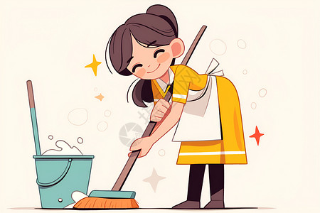 可爱女孩清扫卫生的插画插画