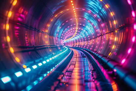火车轨发光的隧道插画