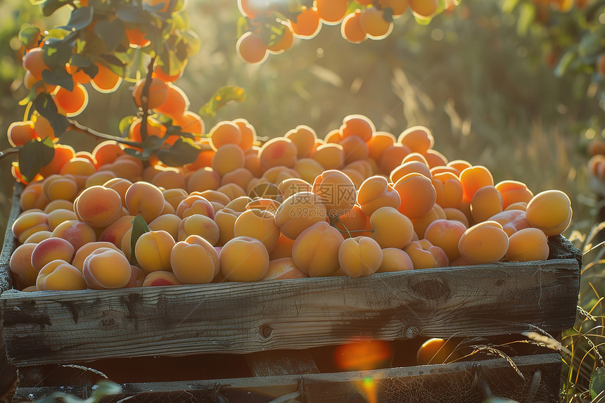 阳光照耀下的一箱桃子图片
