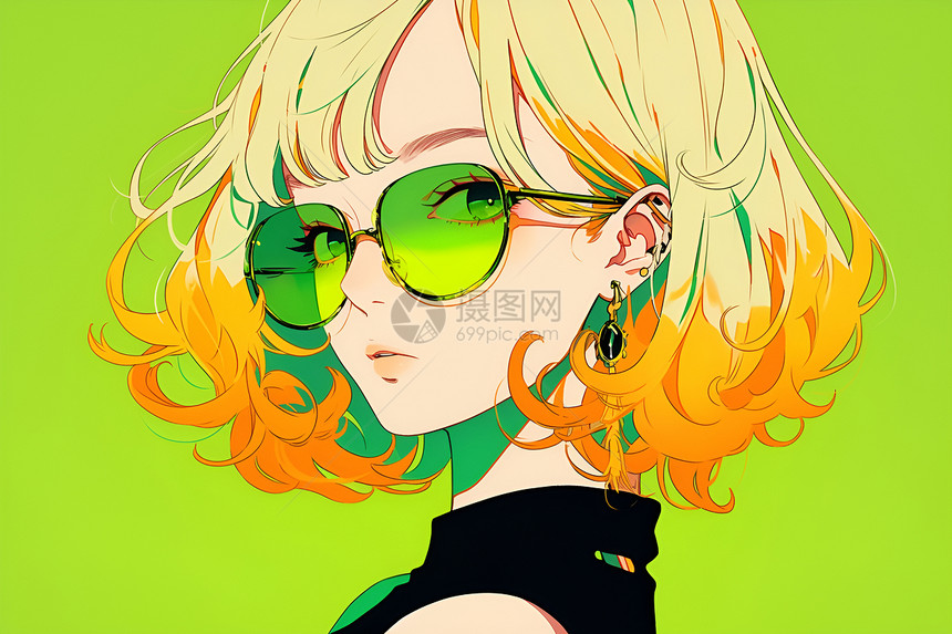 绿色墨镜的女孩图片