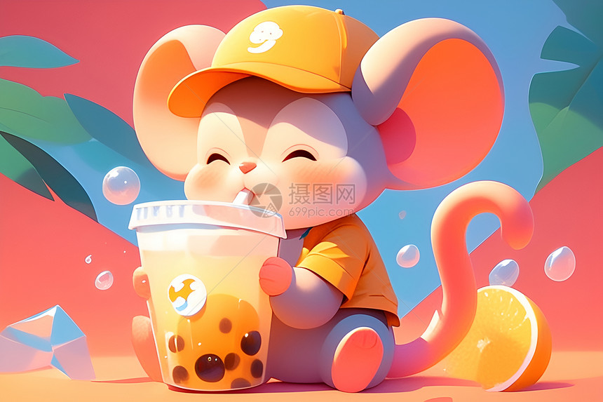 迷人可爱的小老鼠喝着奶茶图片