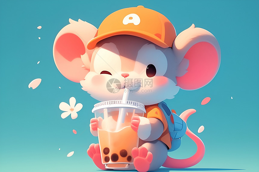 可爱的卡通小老鼠喝奶茶图片