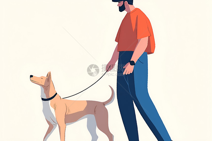 男子遛狗的简约插画图片