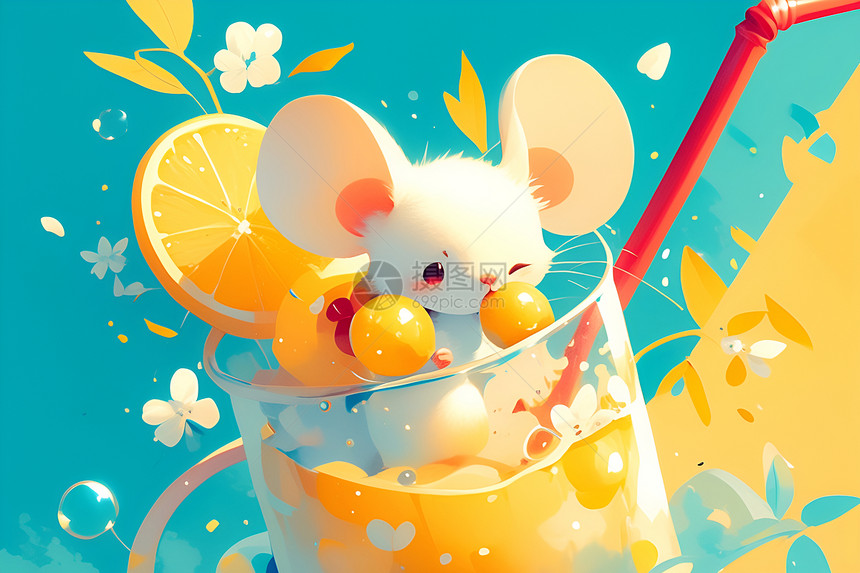 小老鼠品尝橙汁图片