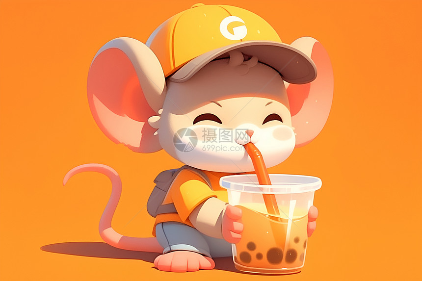 小老鼠喝珍珠奶茶的插画图片