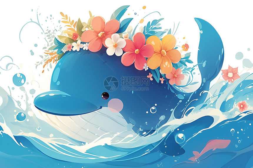 蓝鲸戴花冠在海浪中嬉戏图片