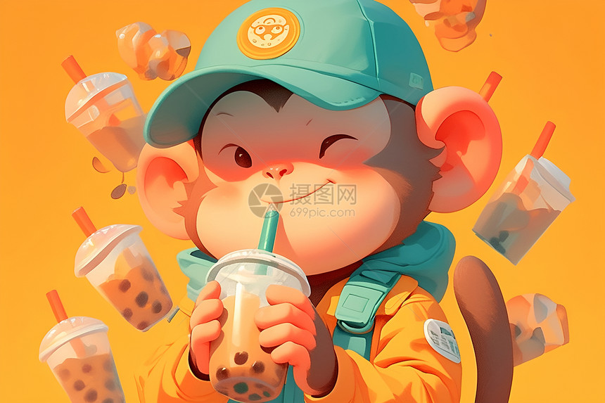 欢乐喝奶茶的猴子图片