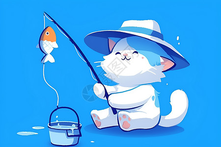 钓鱼艇钓鱼的猫咪插画