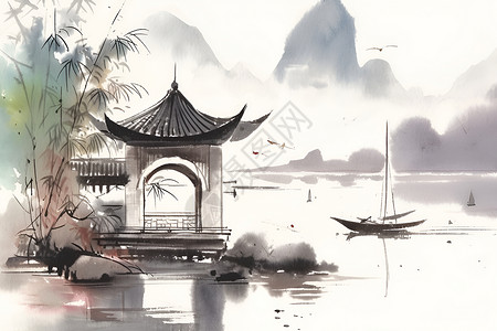 中国雪谷宁静的水墨丹青插画