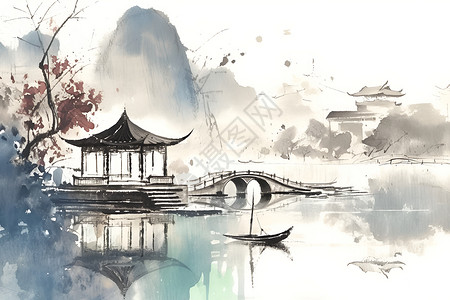 中国新疆自治区风景宁静的水墨画插画